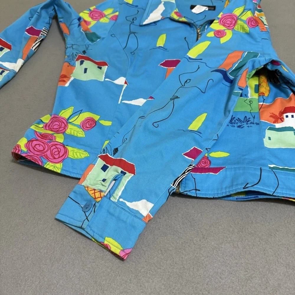 Vtg Women's Jacket Coat Sz 12 Funky Art To Wear Full Zip Houses Boats Travel 90s